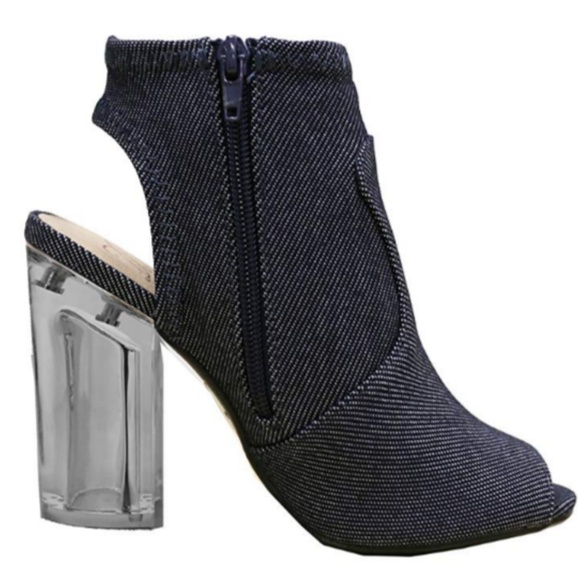 ROXANNE Denim Peep Toe Embroidered Ankle Boots - Picture 3 of 5